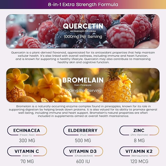 (3 Pack) Quercetin Gummies with Bromelain Zinc Elderberry Vitamin C D3 K2, Quercetin 1000mg Supplement with Bromelain 500mg for Cardiovascular, Immune System & Allergy, Vegan Gummy for Adult & Kid