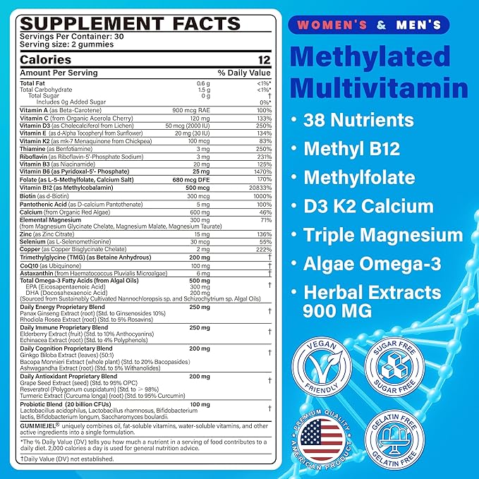 Methylated Multivitamin for Women & Men Gummies w/ Omega-3, Calcium, D3 K2, Methylfolate & B12, TMG, Daily Vitamin A, C, E, B Complex, Magnesium, CoQ10, Probiotic for Overall Health- Vegan, Sugar Free