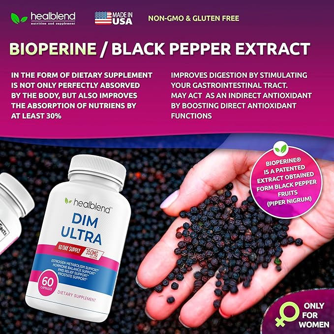 healblend DIM Ultra Dietary Supplement 350mg with Bioperine, Diindolylmethane, Estrogen Metabolism Support, Hormone Balance & PMS Relief, 60 Capsules (3)