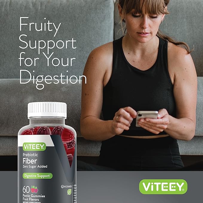 Viteey Prebiotic Fiber Gummies for Adults, 4g - Gut Health & Digestive Soluble Fiber Supplement Gummies - Zero Sugar Added, Vegan, Gluten-Free - 60 Count