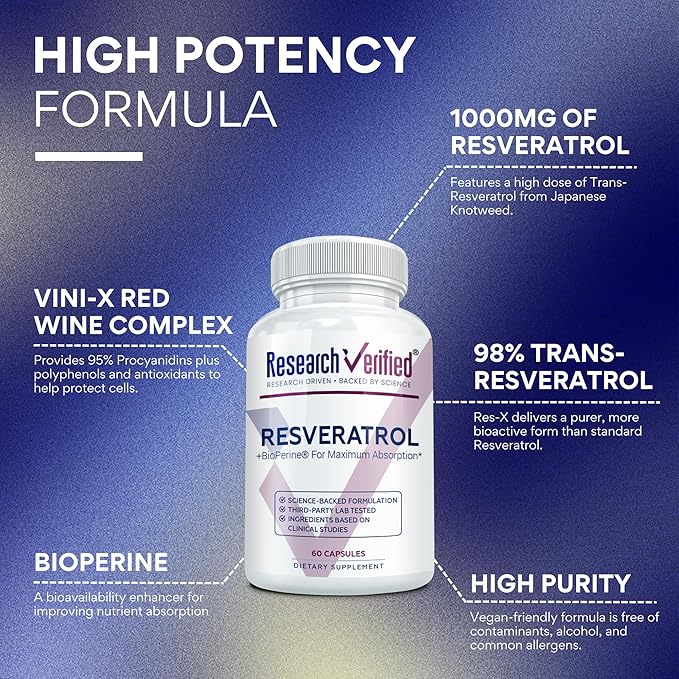 Research Verified Resveratrol - 98% Trans-Resveratrol 1000 mg, Anti-Aging Support - 60 Capsules per Bottle - 6 Bottles