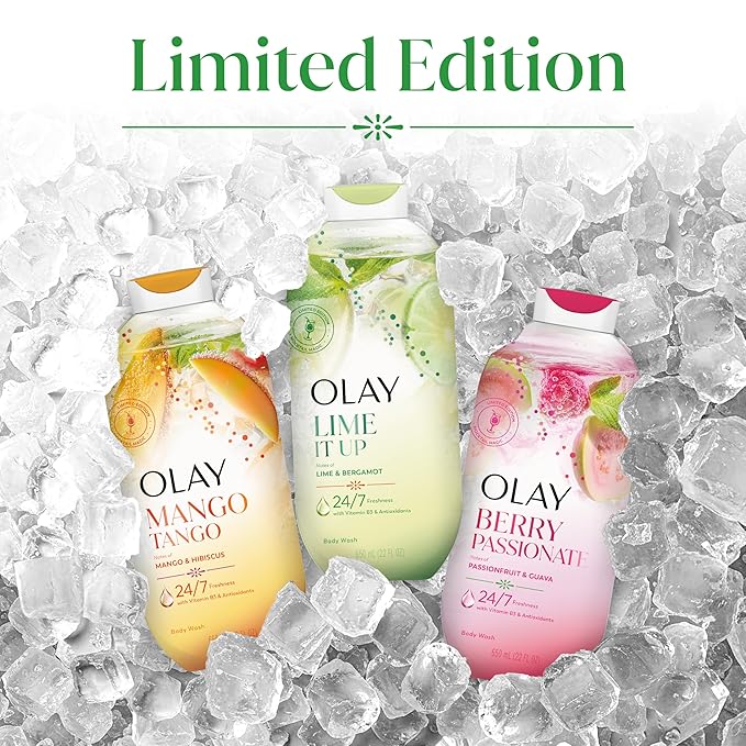 Olay Body Wash for Women, 24/7 Skin-Loving Freshness, Miami Mocktails, Plant Based Cleansers, Vitamin B3 & Antioxidant Blend, For All Skin Types, Lime It Up with Lime & Bergamot Scent, 22 fl oz