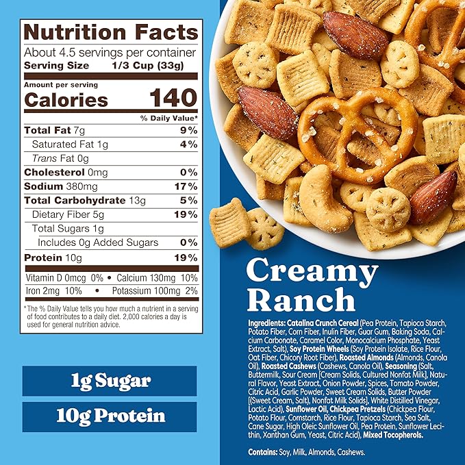 Catalina Crunch Protein Snack Mix - 10g Protein, 1g Sugar per Serving - Good Source of Fiber, Keto, Gluten Free - Creamy Ranch, 5.25 Ounce Bag (Pack of 4)