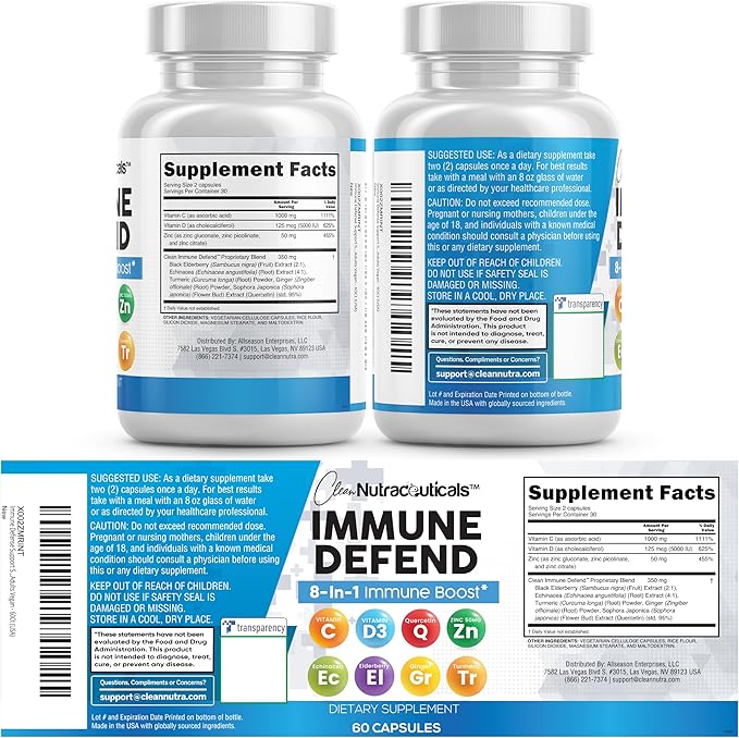 Immune Defense Support Supplement 8 in 1 w/ Zinc 50mg Quercetin, Vit C 1000mg, Vitamin D3 5000 IU, Elderberry, Turmeric Curcumin, Ginger, Echinacea - Immunity System Booster Adults Vegan - 60Ct (2)