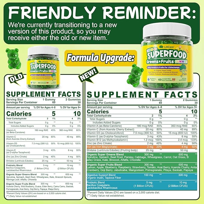 Kids Super Greens Gummies, Superfood Multivitamin for Kids, 20+ Veggie, Fruit, Vitamin, Mineral, Probiotic, Kids Vitamin Gummies for Growth, Immunity, Digestion, Picky Eater Approved, Sugar Free 2Pack