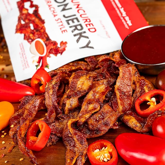 Sriracha Flavored Bacon Jerky, 12g Protein Per Bag, Tender & Easy to Chew Fully Cooked Bacon, USA Made, High Protein Carnivore Snacks (2 Bags)