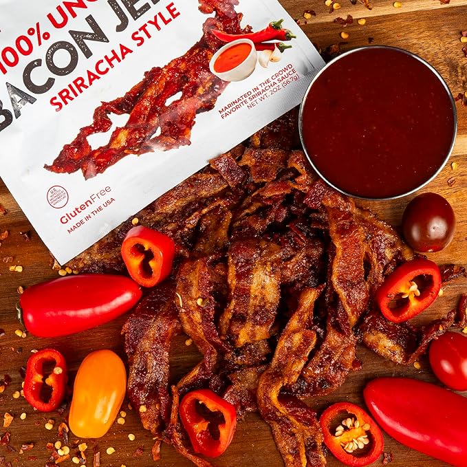 Sriracha Flavored Bacon Jerky, 12g Protein Per Bag, Tender & Easy to Chew Fully Cooked Bacon, USA Made, High Protein Carnivore Snacks (2 Bags)