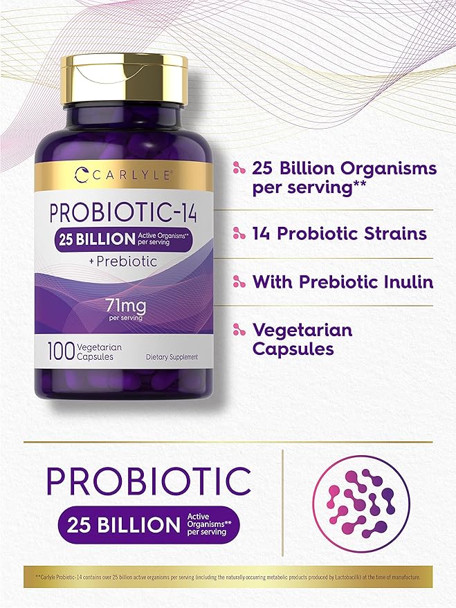 Carlyle Probiotics for Men and Women | 25 Billion CFU | with Prebiotics | 100 Capsules | Vegetarian, Non-GMO, & Gluten Free Supplement