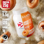Dymatize x Dunkin' Glazed Donut ISO100 Whey Protein Powder, 25g of Protein, 5.5g BCAAs, 120 Cal., Gluten Free, 1g Fat, 1g Sugar, 2g Carb (20 Servings)