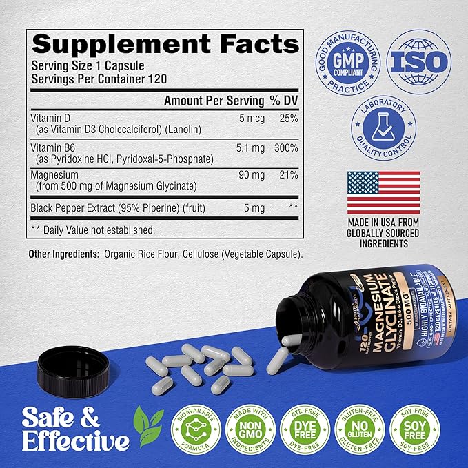 Magnesium Glycinate 500 mg - Chelated Supplement - High Absorption Form of Magnesium - Support for Sleep, Muscle & Heart Health - Made in USA, Lab Tested & Non-GMO - 120 Capsules