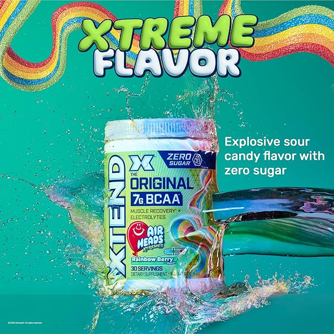 Xtend Original BCAA Powder, 7g BCAAs and 2.5g L-Glutamine for Muscle Recovery, Hydration, and Lean Muscle, Sugar Free Intra and Post Workout Drink, Airheads Xtreme Rainbow Berry, 30 Servings