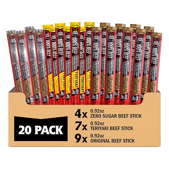 Jack Link's Beef Jerky Sticks Variety Pack - Original, Teriyaki & Zero Sugar - Made with 100% Real Beef - Ready to Eat Real Meat Protein Snacks - 5g Protein per Serving - (20 Pack) 0.92 oz Meat Sticks