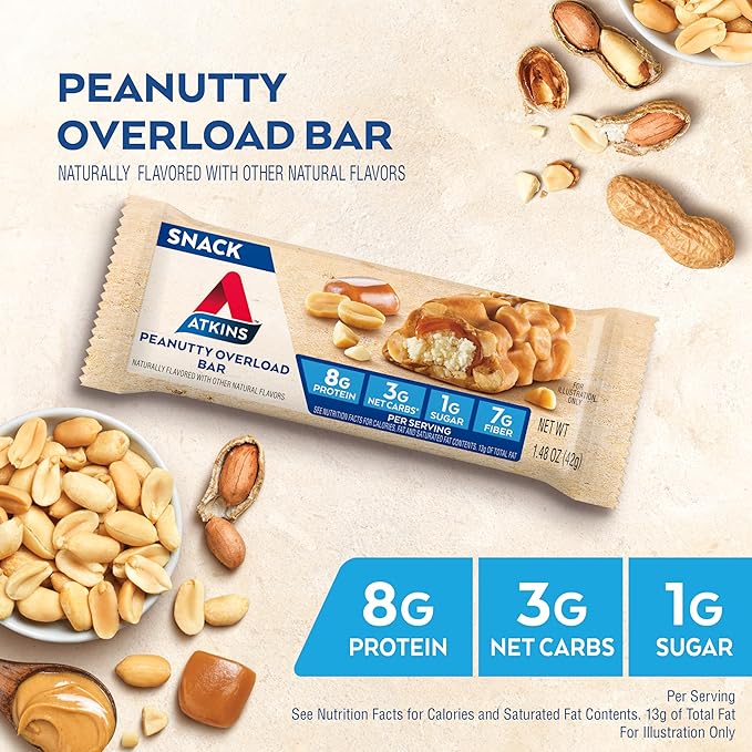 Atkins Peanutty Overload Snack Bar, Protein Snack, High in Fiber, 2g Sugar, 5 Count