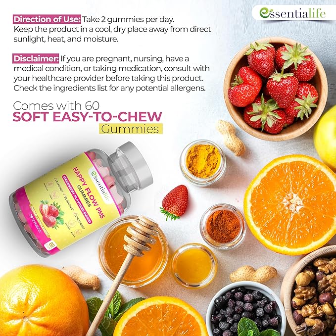 PMS Gummies - Happy Flow PMS Support Supplement for Women - Strawberry PMS Relief Supplement with Vitamin B6 for Hormone Balance, Period Support, Cramps, Hormonal Acne & Bloating Relief (60 Count)