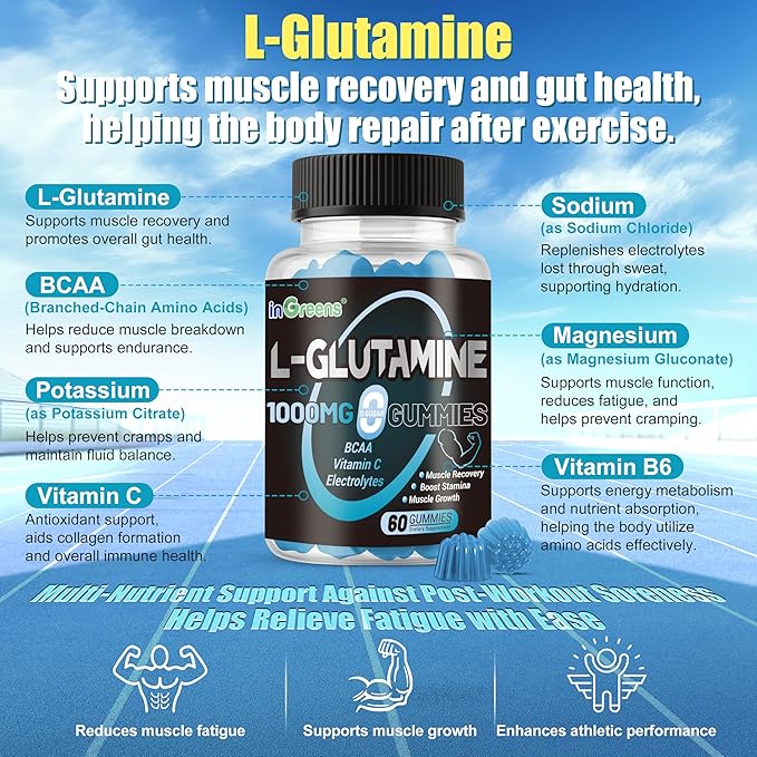 L-Glutamine Gummies 1000mg with BCAA, Potassium, Magnesium & Vitamin C, Muscle Recovery, Endurance Support & Daily Nutrition, Portable Supplement for Men＆Women, Lime Grapefruit Flavor, 240 Count