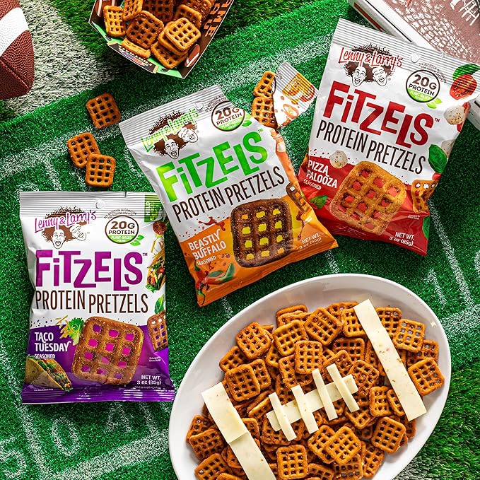 Lenny & Larry's FITZELS Protein Pretzels [GAME DAY Variety Pack] – 12 x 3oz Bags of High Protein Snacks with 20g Plant Based Protein – Incredibly Tasty with Salty Crunch