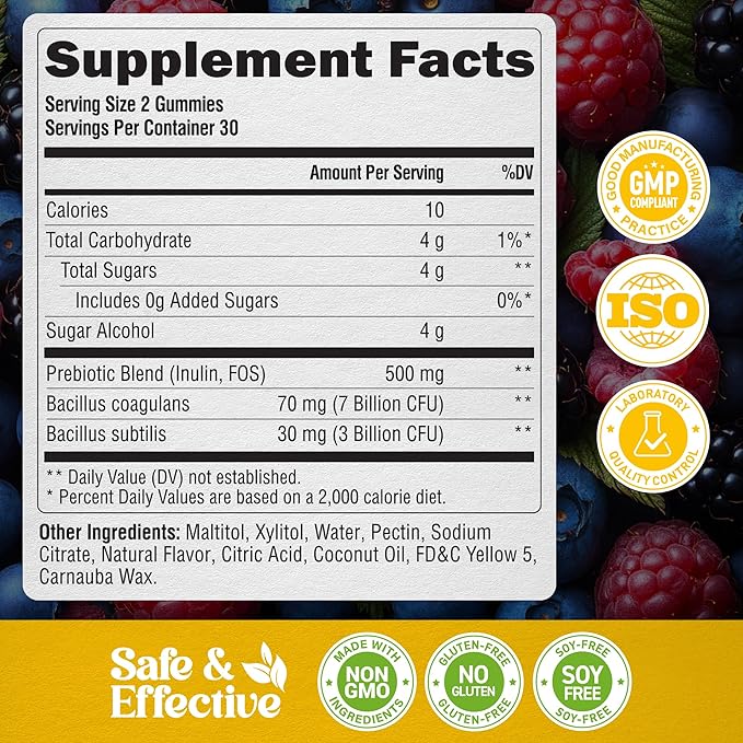Probiotic Gummies 10B CFU with Prebiotic Fiber - Digestion & Immune Support - Debloat, Stomach & Gut Comfort - Probiotics for Women & Men - Natural Berry Flavor - Vegan & Sugar-free - 60 Gummies