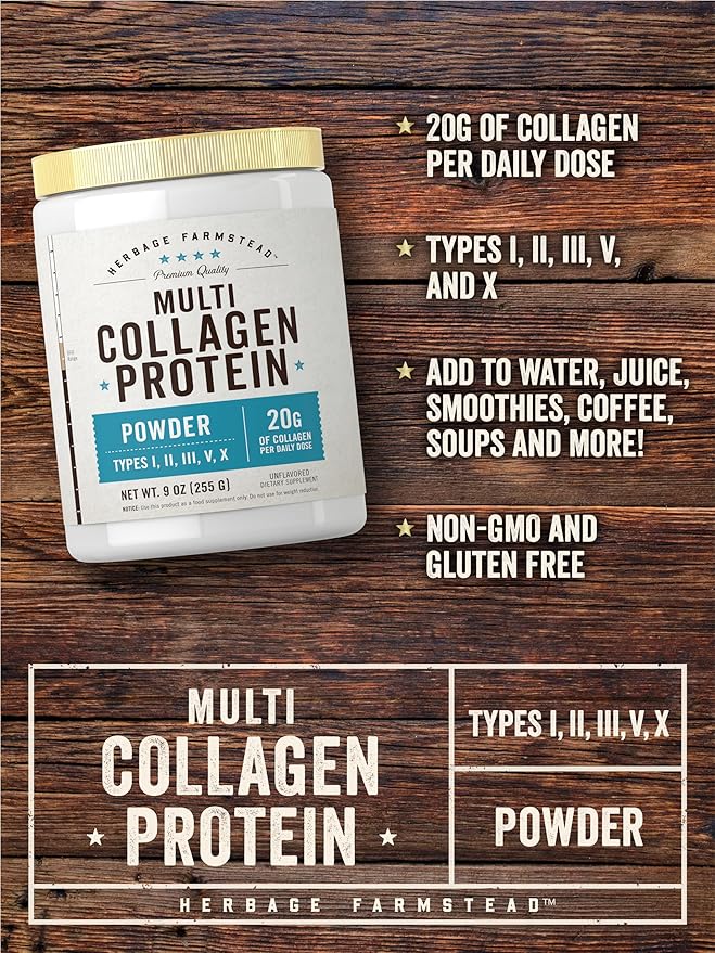 Carlyle Multi Collagen Protein Powder | Type I, II, III, V & X | 9 Oz | Peptides Premium Blend | Unflavored | for Women and Men | Non-GMO and Gluten Free | 25 Servings | by Herbage Farmstead