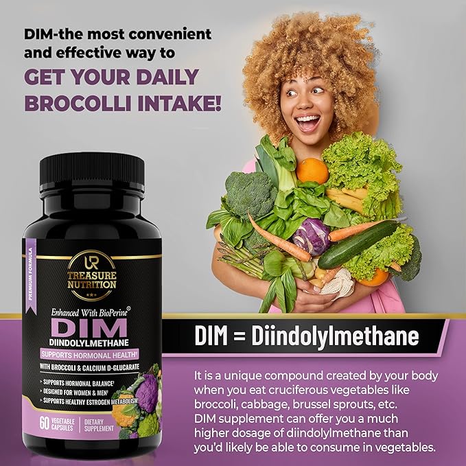 DIM Supplement with Broccoli Extract and BioPerine - Natural Hormone Balance Support for Women and Men - Estrogen Balance - Menopause, Acne - 60 Vegetarian Capsules with Calcium D-Glucarate