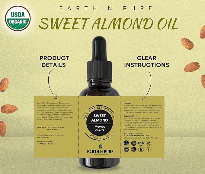Earth N Pure Sweet Almond Oil (Badam Oil) Cold Pressed, Therapeutic Grade for Body, Skin, Hair 30 ml