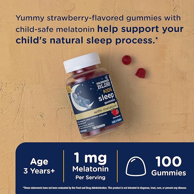 Mommy's Bliss Kids Sleep Melatonin Gummies, Non Habit-Forming with No Artificial Colors, Flavors or Gelatin - Age 3 Years+ - Strawberry Flavor - 100 Sleep Gummies