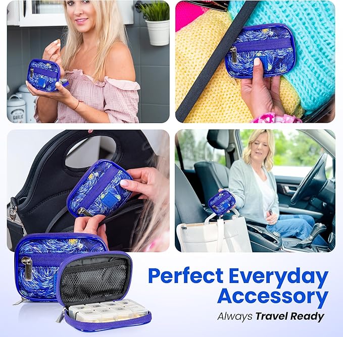 Made Easy Kit Pill Case - Weekly Medicine Organizer with Removable Seven-Day Vitamin & Supplement Box - Premium Neoprene for Travel Purse Accessory (Blue Starry Night)