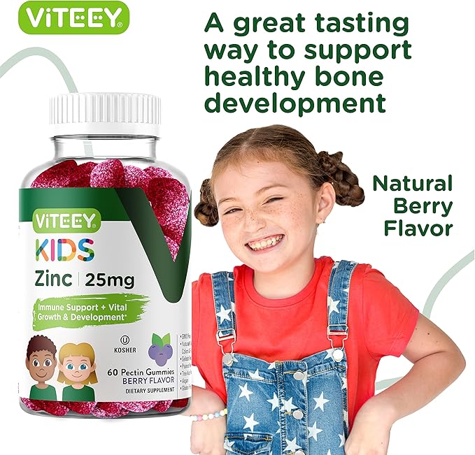 Viteey Zinc for Kids Gummies, 25mg - Immune Support - Powerful Natural Antioxidant, Kids Zinc Vitamin Supplement - Vegan, Gelatin Free, Gluten Free - Tasty Chewable Berry Flavor Gummy