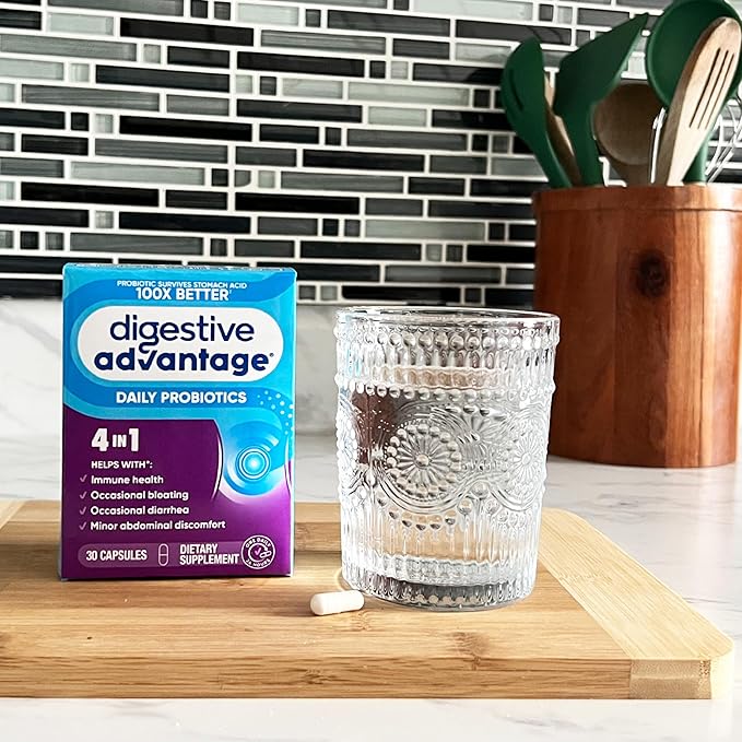 Daily Probiotic Capsule - Digestive Advantage 30 Capsules, Survives 100x Better, Lessens Bloating, Calcium, Promotes Digestive Health and Gut Flora, multi