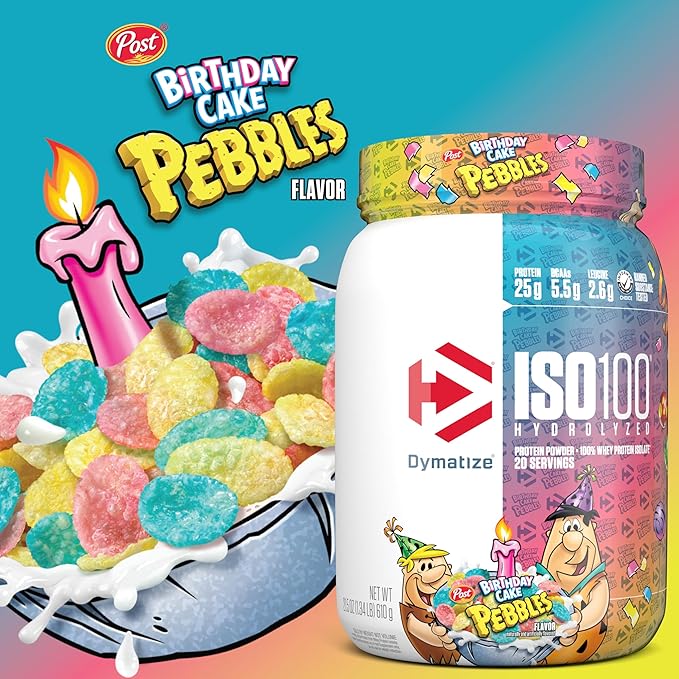 Dymatize x Birthday Cake Pebbles ISO100 Whey Protein Powder Isolate, 25g of Protein, 20 Servings, 5.5g BCAAs, 120 Cal., Gluten Free, 1g Fat, 1g Sugar, 2g Carb