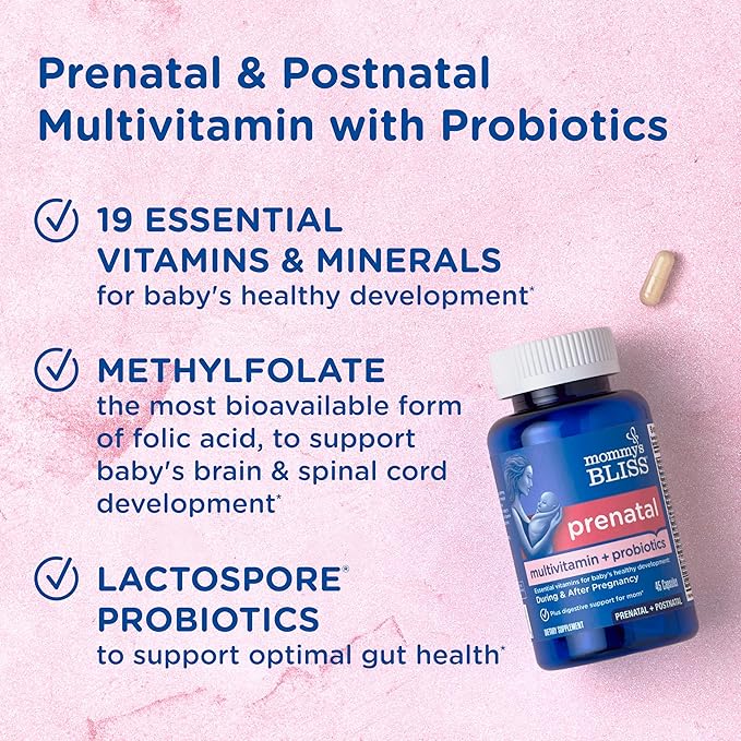 Mommy's Bliss Prenatal Multivitamin Probiotic for Women w/Folic Acid, Supports Baby Development & Digestion w/Zinc, Vitamin B6 & B12, Ginger & Choline, Vegan & Gluten Free (45 Servings) (Pack of 2)