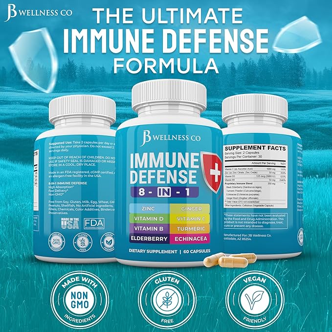 Immune Support 8 in 1 Capsules - Zinc Supplement, Vitamin D3, Vitamin C and Elderberry - Immune Booster with Echinacea, Ginger Root, and Turmeric - [2-Pack]