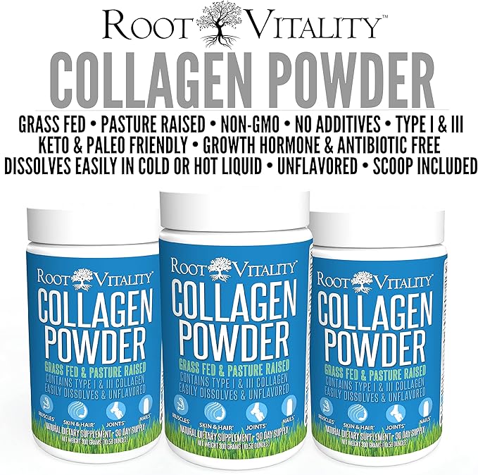 Root Vitality Collagen Peptides Powder - Grass-Fed, Pasture-Raised Hydrolyzed Protein Supplement for Skin, Hair, & Nails - Non-GMO, Zero Sugar Daily Supplement for Men & Women (30 Servings)