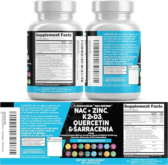 NAC Supplement N-Acetyl Cysteine Vitamin D3 K2 Zinc Quercetin Sarracenia Purpurea Immune Support | Elderberry Holy Basil Bee Propolis Bromelain L-Lysine Capsules Supplements For Women Men Adults