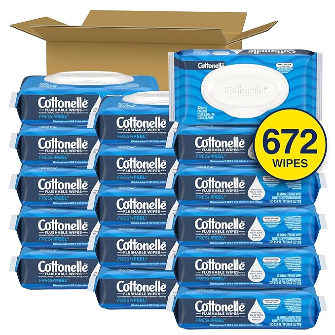 Cottonelle Fresh Feel Flushable Wet Wipes, Adult Wet Wipes, 16 Flip-Top Packs, 42 Wipes Per Pack (672 Total Wipes), Packaging May Vary