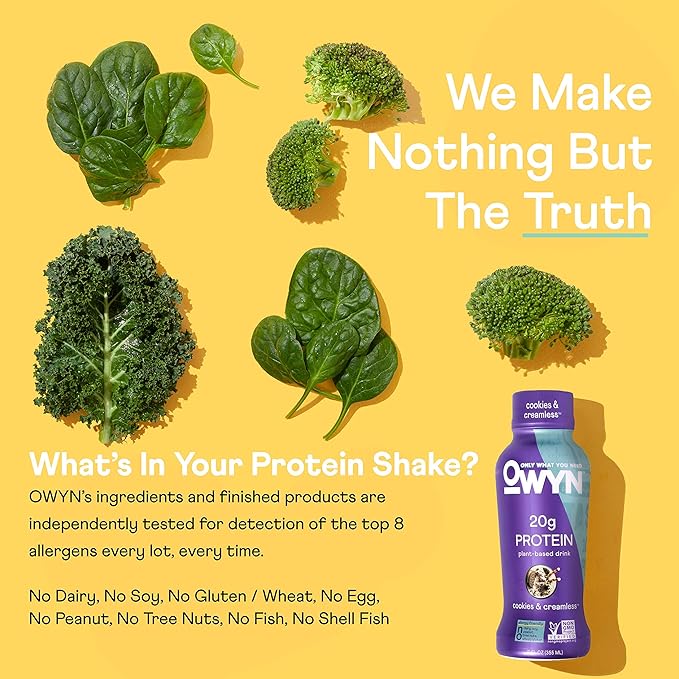 OWYN Only What You Need Plant Based Protein Shake, 20g Vegan Protein from Organic Pumpkin Seed, Flax, Pea Blend, Prebiotic Supplement, Superfood Greens, Gluten & Soy-Free (Cookies & Creamless)