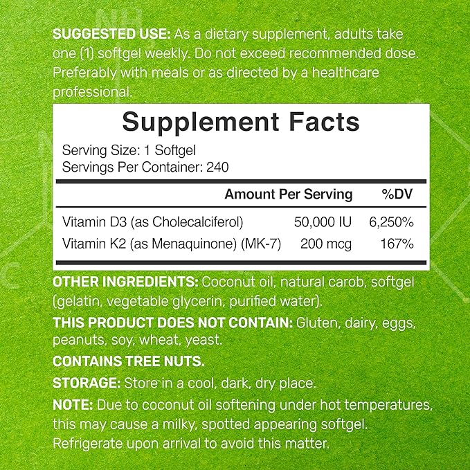 DEAL SUPPLEMENT Vitamin D3 50,000 IU + K2 MK7 200mcg Softgels, 240 Count | 2-in-1 Complex with Virgin Coconut Oil | Supports Heart, Bone, Teeth & Immune Health | Easy to Swallow