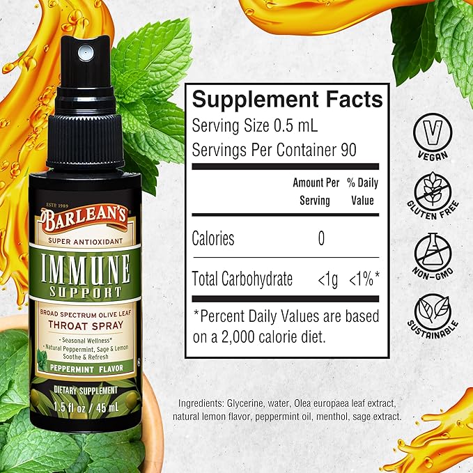 Barlean's Olive Leaf Complex Throat Spray, Immune Support Supplement with Peppermint, Lemon, and Sage for Itchy Throat Relief, Liquid Blended Extract, 1.5 oz