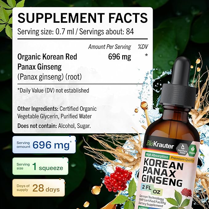 BIO KRAUTER® Ginseng Supplement - Pure Vegan Liquid Drops Korean Red Ginseng 696 mg per Serving 2 Fl.Oz 28-Day Supply - Used for Energy, Focus, Performance & Immune Support - Alcohol & Sugar Free