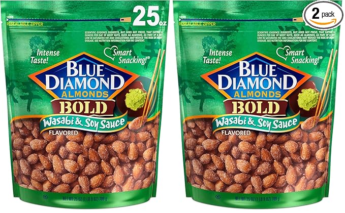 Blue Diamond Almonds,Bold Wasabi & Soy Sauce Flavored Snack Nuts,Bulk Bag,Pantry Staple,GMO-Free,Great for Parties,Lunch,Events,Holiday,and Healthy Snacking,25 Oz Resealable Bag,(Pack of 2)