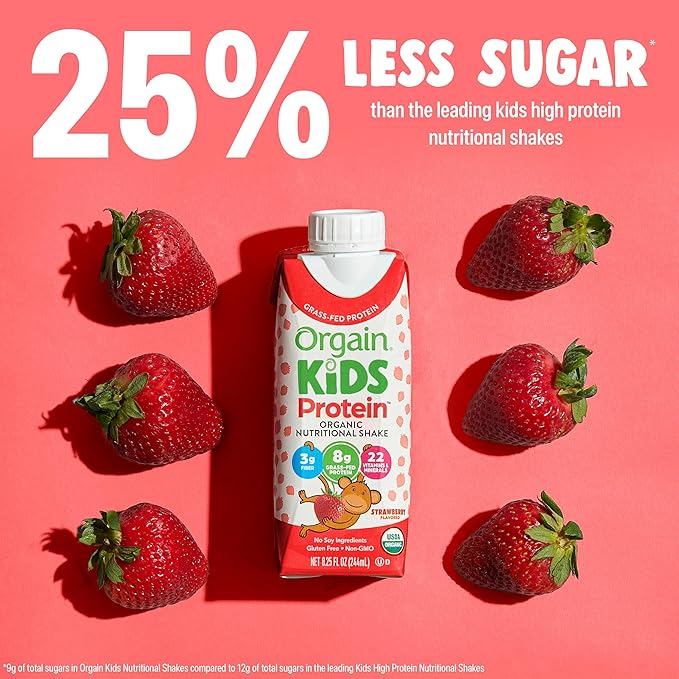 Orgain Organic Kids Nutritional Protein Shake, Strawberry, Healthy Kids Snacks, 8g Dairy Protein, 3g of Fiber, 22 Vitamins & Minerals, No Soy ingredients, Gluten Free, Non-GMO, 8.25 Fl Oz (Pack of 24)