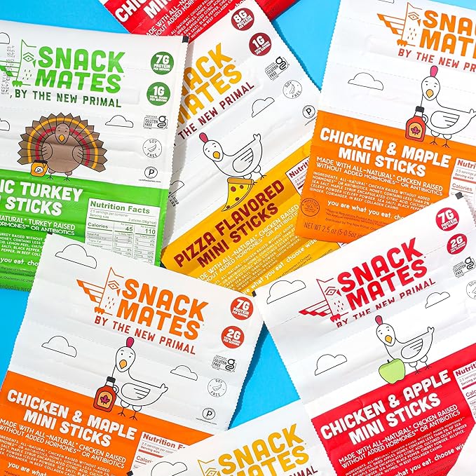 The New Primal Snack Mates Chicken & Maple Sticks, Gluten Free Healthy Snacks for Kids, Low Sugar High Protein Back to School Snacks, Mini Paleo Jerky Meat Stick, 5g Protein, 35 Calories, 15 Pack