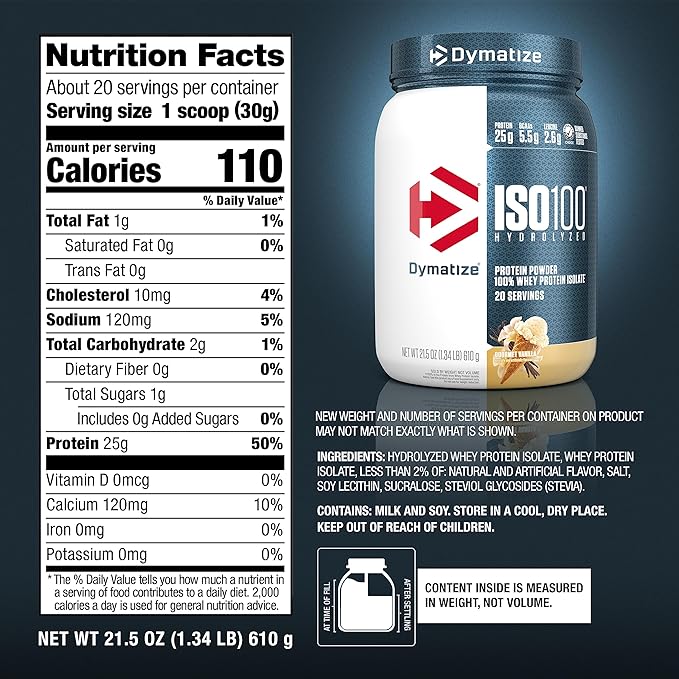 Dymatize ISO100 Whey Protein Powder Isolate, Gourmet Vanilla, 25g of Protein, 5.5g BCAAs, Less Than 120 Cal., Gluten Free, 1g Fat, 1g Sugar, 2g Carb (20 Servings)