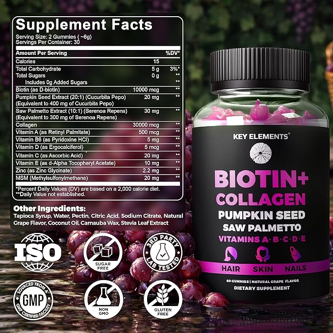 Hair Skin and Nails 10000mcg Biotin Gummies & Collagen Gummies - Biotin Vitamins for Hair Growth Pumpkin Seed Oil, Saw Palmetto Extract & Vitamins A B6 C D E - Biotin and Collagen Supplements