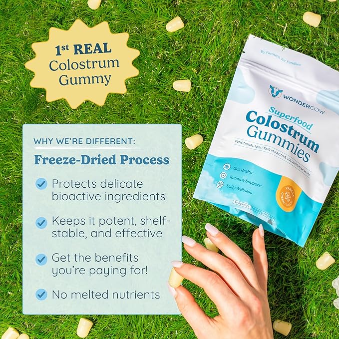 WONDERCOW Colostrum Gummies for Gut Health, Immune Support & Wellness | Natural IgG Whole Bovine Colostrum Supplement, 1,000mg per Serving (15 Gummies (5 Servings), Vanilla Cream)