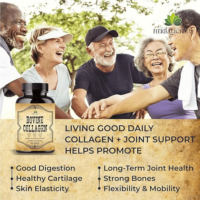 HERBALICIOUS Bovine Collagen Supplements for Men and Women | Hydrolyzed Grass-Fed Bovine Collagen Peptides | Joint, Nerve & Bone Support | Non-GMO, Anti-Aging | 100 Capsules