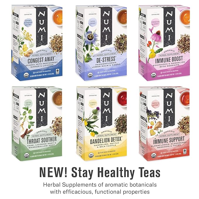 Numi Organic De Stress Herbal Tea – 48 Herbal Tea Bags – Caffeine Free Blend with Spearmint Passionflower Lemon Verbena Lemon Balm Hibiscus & Licorice for Relaxation & Calm