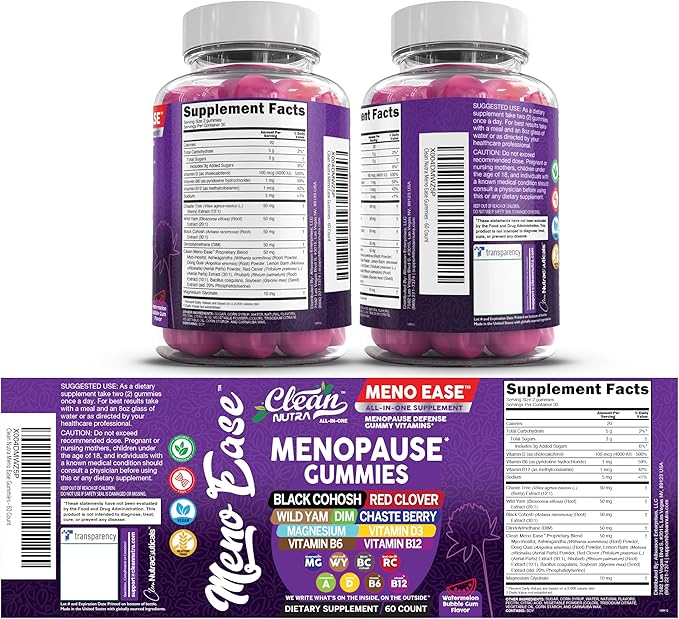 Menopause Supplement for Women Gummies with Black Cohosh, Wild Yam, DIM, Magnesium, Red Clover Chasteberry for Hormone Balance Relief Night Sweats Mood Plus Bergamot, Vitamin D3, Vitamin B6 B12