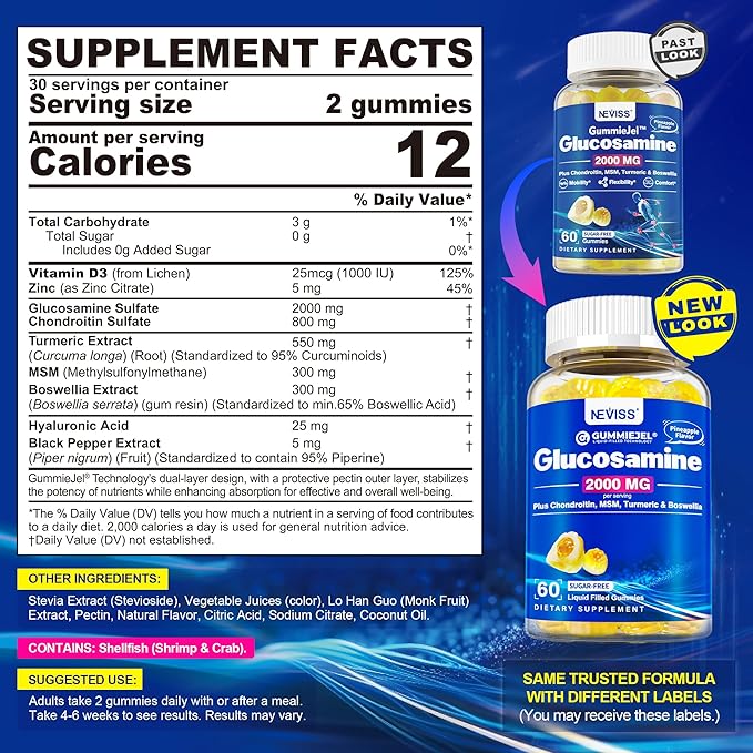 Sugar Free Glucosamine Chondroitin MSM Gummies - Max Strength Mobility Supplement for Women & Men w/ Glucosamine Sulfate 2000mg, Boswellia, Curcumin & Hyaluronic Acid - Flexibility Support - 60Cts