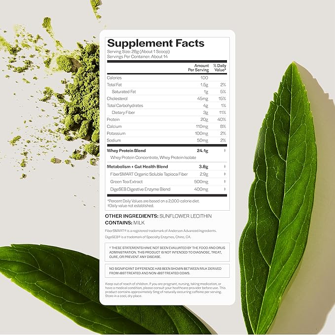 Gainful Lean Whey Protein Powder with 20g Protein per Serving, Unflavored, Supports Lean Muscle, Metabolism, and Satiety, with Green Tea Extract, Digestive Enzymes, Organic Fiber, 14 Servings