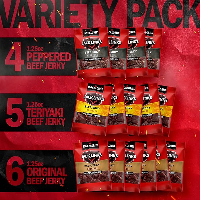 Jack Link's Beef Jerky Variety Pack – Includes Original, Teriyaki and Peppered Jerky, Bulk Protein Snack Pack, Good Source of Protein, Meat Snacks Made with 100% Beef – 1.25 Oz (Pack of 15)